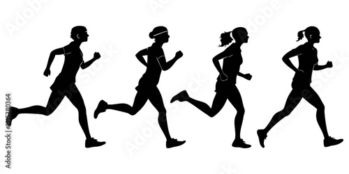 Schilderij op canvas Four individuals are depicted in silhouette, running in a line with determination and focus