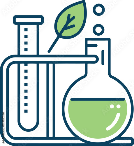 Vector illustration of a laboratory flask with green liquid and a leaf on a test tube, isolated on transparent background