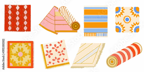 Colorful rug patterns and rolled carpets in a playful illustration