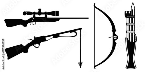 Assorted weapons including a rifle, crossbow, and bow with arrows Vector
