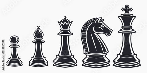 A diverse collection of chess pieces arranged in a row on a chessboard. Vector