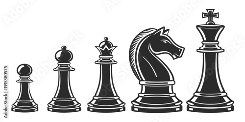 Chess pieces arranged in ascending order from pawn to queen on a black and white board Vector