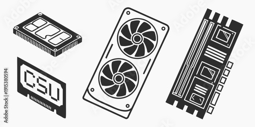 A collection of computer hardware components including a graphics card, a cpu cooler, and a ram stick Vector