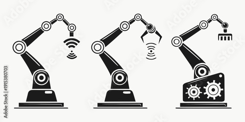Three industrial robots with different tools performing various tasks in a factory setting. Vector