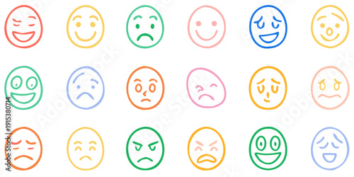 Colorful collection of diverse facial expressions shown as simple smileys