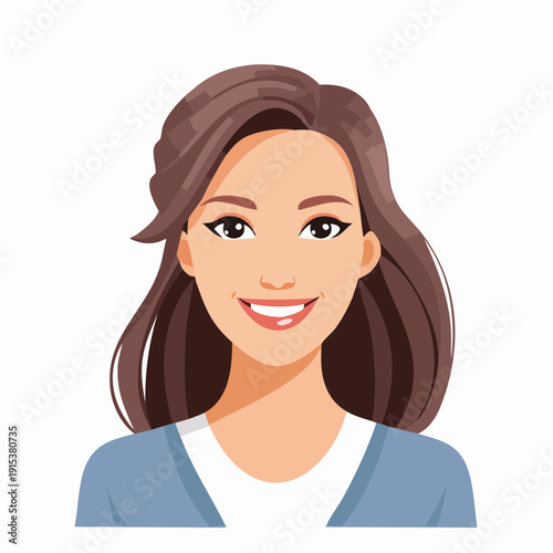 Illustration of a smiling young woman with long brown hair.