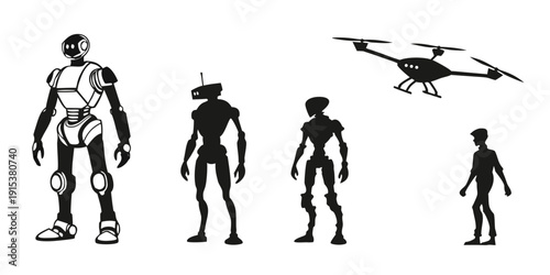 A futuristic scene featuring robots and a flying drone in a digital art style Vector