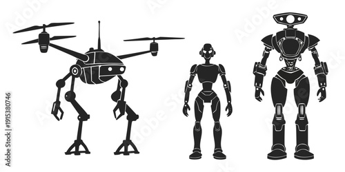 Advanced robots and drones showcasing futuristic technology and innovation Vector