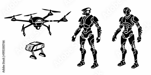 Advanced drones and futuristic soldiers in a high-tech military setting Vector