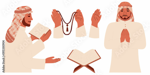 Muslim men praying and reading the quran islamic religious illustration