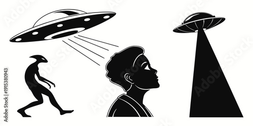 Alien abduction illustration showing a person being taken by a ufo Vector