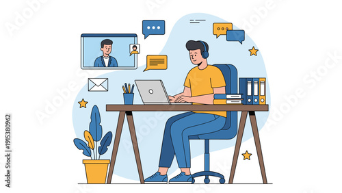 Professional male employee works from home using a laptop and headset to communicate with colleagues via video call.