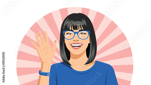 Friendly smiling young woman with black hair and glasses waves her hand in a warm greeting against a striped background.