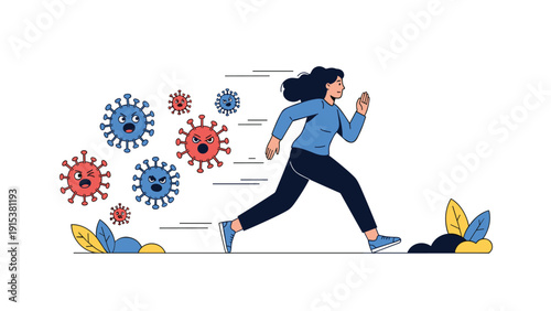 Determined woman runs fast to escape from large colorful coronavirus particles representing health and safety during pandemic.