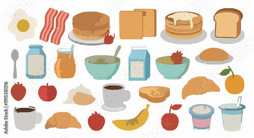 Cute breakfast food vector collection with smiling cartoon morning meals