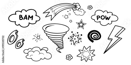A vibrant and dynamic illustration of various comic book sound effects and symbols Vector