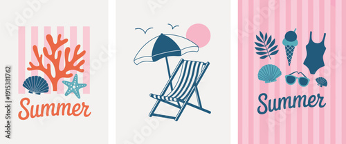 Summer backgrounds and pattern collection with card and banner templates, hand drawn modern doodle illustrations featuring sea shells, surf boards, beach chair, swimsuit and flip flops elements.