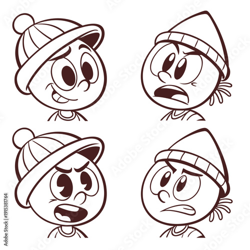 Four distinct cartoon characters each wearing a unique hat and expressing different emotions Vector