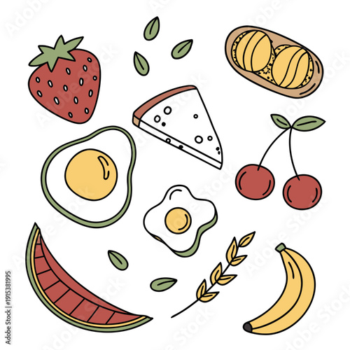 Assorted fruits and pastries arranged on a white background with seeds and nuts Vector