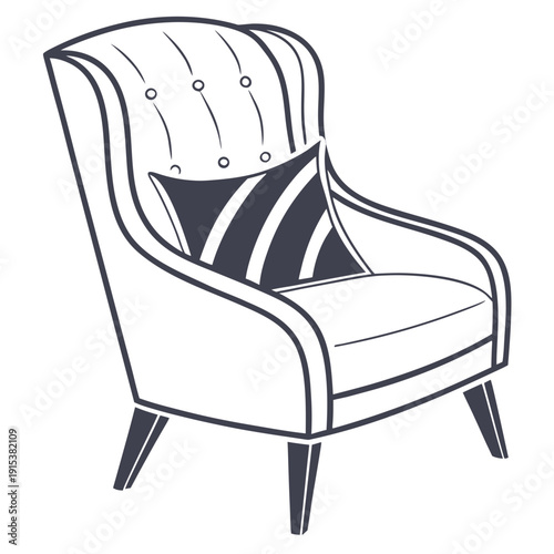 A cozy beige armchair with a striped cushion and wooden legs Vector
