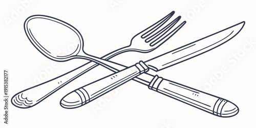 A set of cutlery including a spoon, fork, and knife arranged neatly on a table. Vector