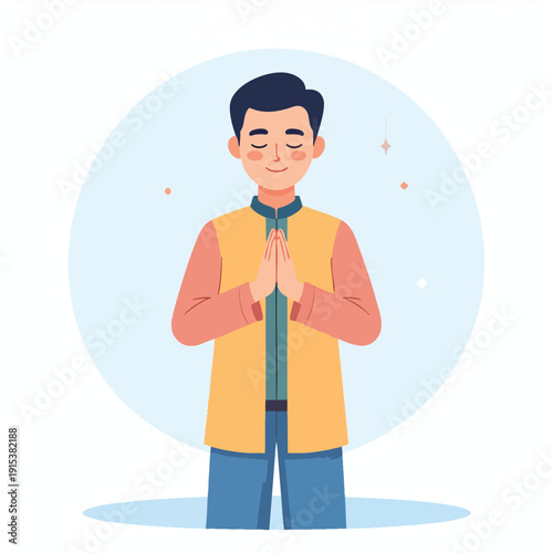 Man standing in prayerful pose with hands together in front of chest