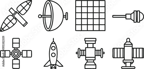 Space satellite and rocket icons in line art style