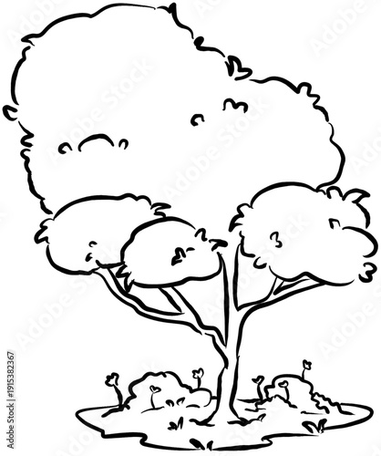 Detailed hand drawn bushy canopy tree with grass base in black and white line art style. Isolated woodland element suitable for storybooks, game environments, and forest themed designs.