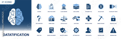 Datatification icon set. Containing AI brain, analytics, cloud, data layers, docs, search, mining, security shield, lock, justice, warning and more. Solid fill vector icons collection