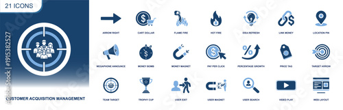 Customer acquisition icon set. Containing PPC, targeting, retargeting, lead magnet, pricing, growth, web layout, video ads, search, conversion, and more. Solid vector icons collection