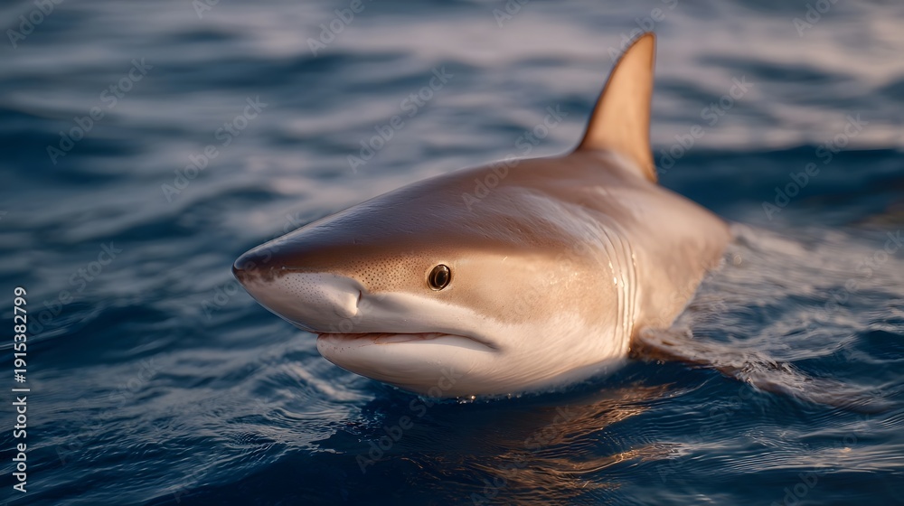Naklejka premium A close up view of a shark gracefully swimming in the ocean during the golden hour with warm sunlight on its skin