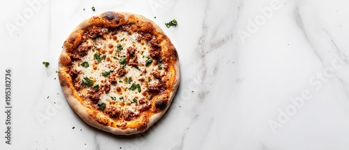 Delicious homemade BBQ flavored pizza with crispy crust, melted mozzarella cheese, savory minced meat, and fresh green herbs on a clean white marble surface
