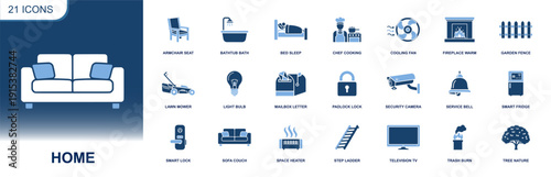 Home icon set. Containing sofa, armchair, bed, bathtub, chef, fan, fireplace, fence, lawn mower, smart fridge, camera, lock, heater, TV, mailbox and more. Solid fill vector icons collection