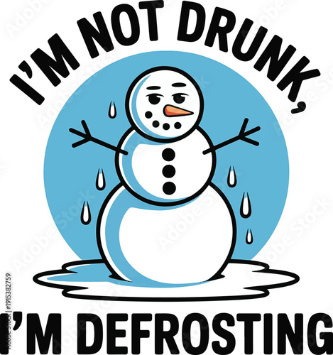 A cartoon snowman melting, with a surprised expression, surrounded by water droplets on a blue background, viewed from the front.
