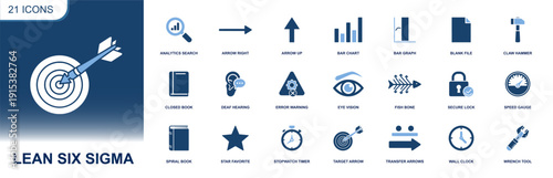 Lean Six Sigma icon set. Containing analytics, bar chart, process arrows, target, stopwatch, fishbone, warning, secure lock, tools, quality and more. Solid fill vector icons collection
