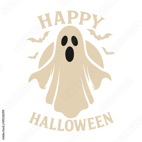 Happy Halloween ghost with spooky bats and open mouth