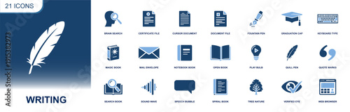 Writing icon set. Containing pen, quill, books, notebook, documents, certificate, keyboard, quotes, mail, speech bubble, idea bulb, web browser and more. Solid fill vector icons collection