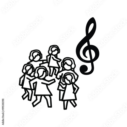 Minimalist line art of people with headphones dancing near a treble clef. Represents silent disco, music education, and audio experiences.