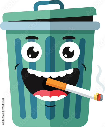 A cheerful trash can with a cigarette in its mouth, conveying a playful yet thought-provoking scene