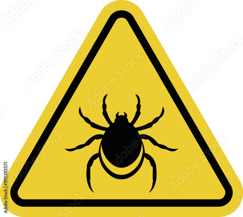 Yellow warning triangle road sign with an image of a tick inside. Area with an increased risk of tick bites. Use protective clothing and tick repellent.