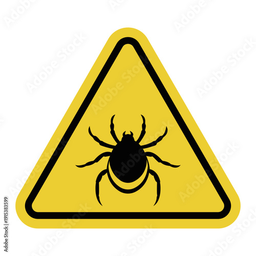 Yellow warning triangle road sign with an image of a tick inside. Area with an increased risk of tick bites. Use protective clothing and tick repellent.
