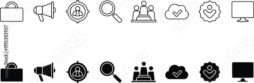 A collection of business and communication icons on a white background