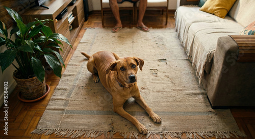 A caramel dog sits on the floor looking at the camera in a high-angle shot on the living room floor - cachorro caramelo sentado no chão olhando para a câmera em plano plongée no chão de casa brasileir