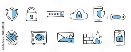 A set of hand-drawn cybersecurity and data protection icons including locks, shields, and biometric security in a doodle style.