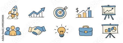 Set of hand-drawn business icons featuring a rocket, charts, target, teamwork, and creative ideas in a colorful doodle style.