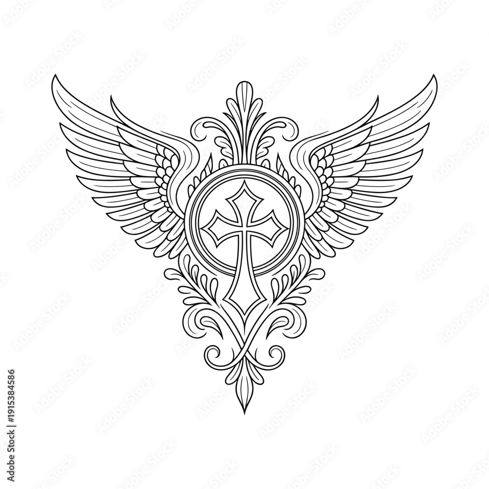 Fototapeta premium Decorative ornate winged cross emblem with intricate filigree detailing in a black and white outline style