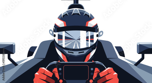 Close-up illustration of a racing driver wearing a helmet and holding a steering wheel against a white background with a focus on speed and competition.