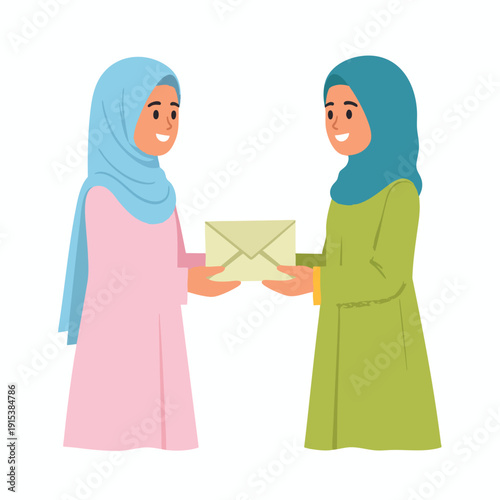 Two women in hijabs exchanging a letter in a gesture of friendship and solidarity