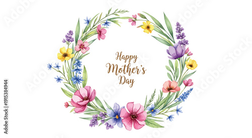 Watercolor floral wreath with Happy Mother's Day text isolated on transparent background