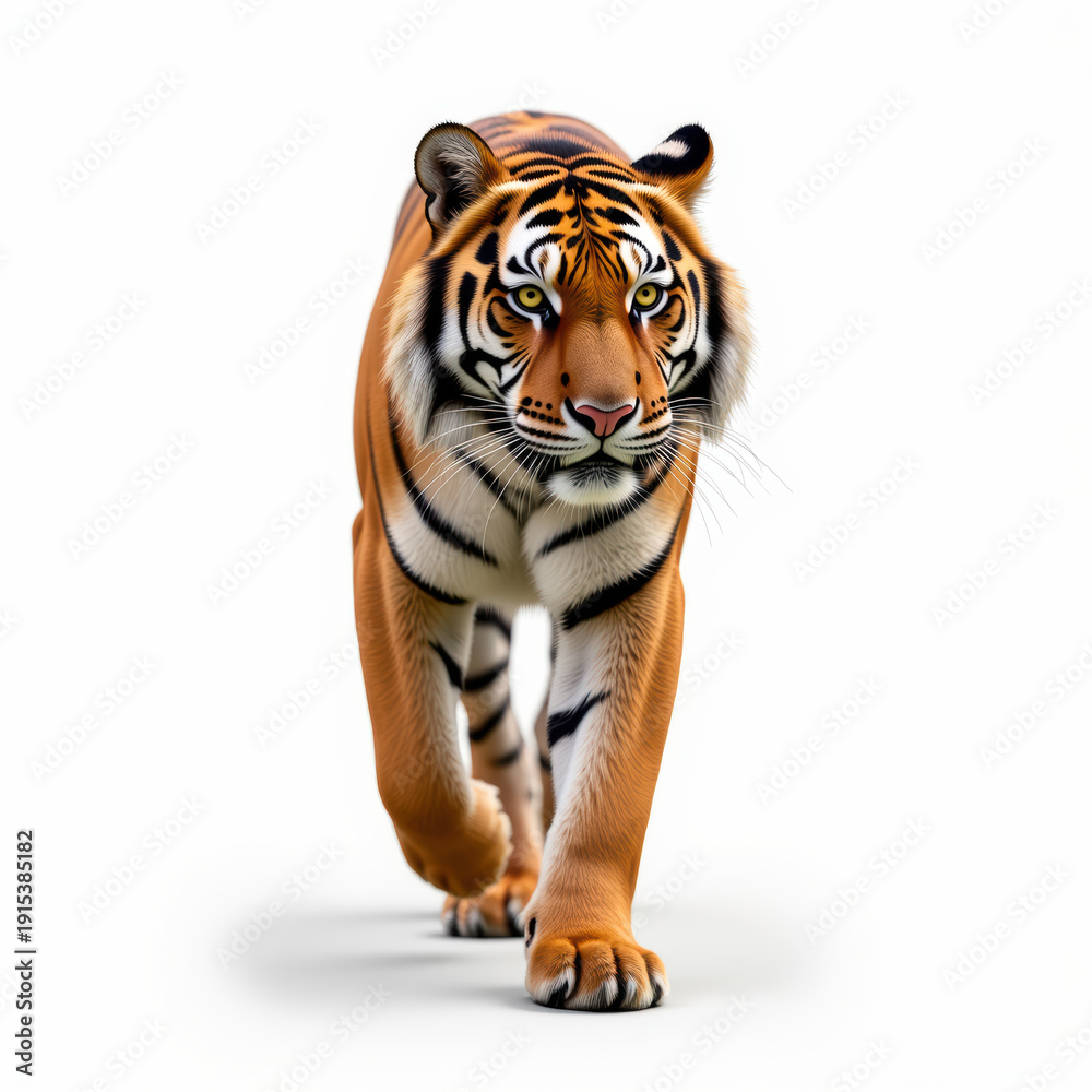 Fototapeta premium Tiger big cat orange fur black stripes white background walking wild animal predator majestic powerful